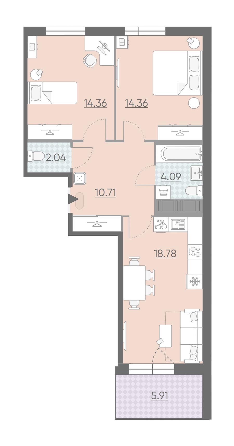 Двухкомнатная квартира в : площадь 67.3 м2 , этаж: 7 – купить в Санкт-Петербурге